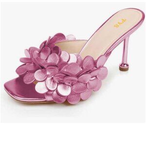 FYS Pink Square Open Toe Mules Slip on High Heels Flower Stylish Outfit Shoes